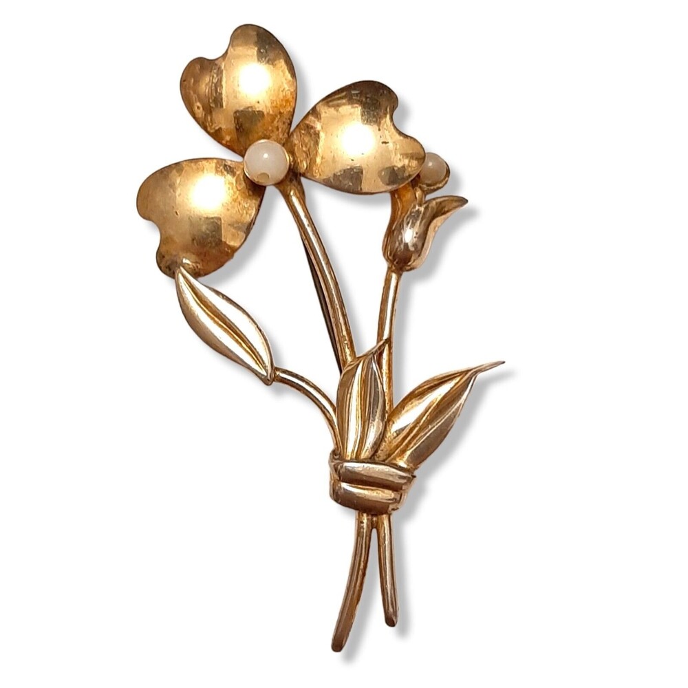 Vintage Tefor Industria Argentina Flower Brooch Beads Gold Tone Pin Art Deco